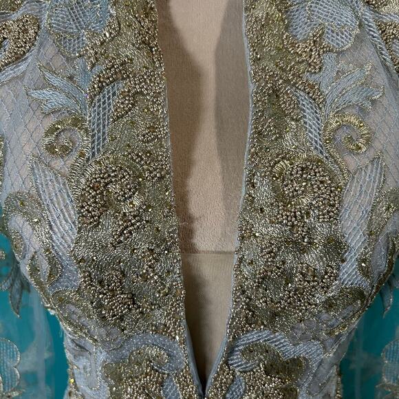 Mac Duggal Long Formal Dress 11165 Long Sleeve Applique V-Neck Gown Blue Gold 2 - Picture 4 of 7